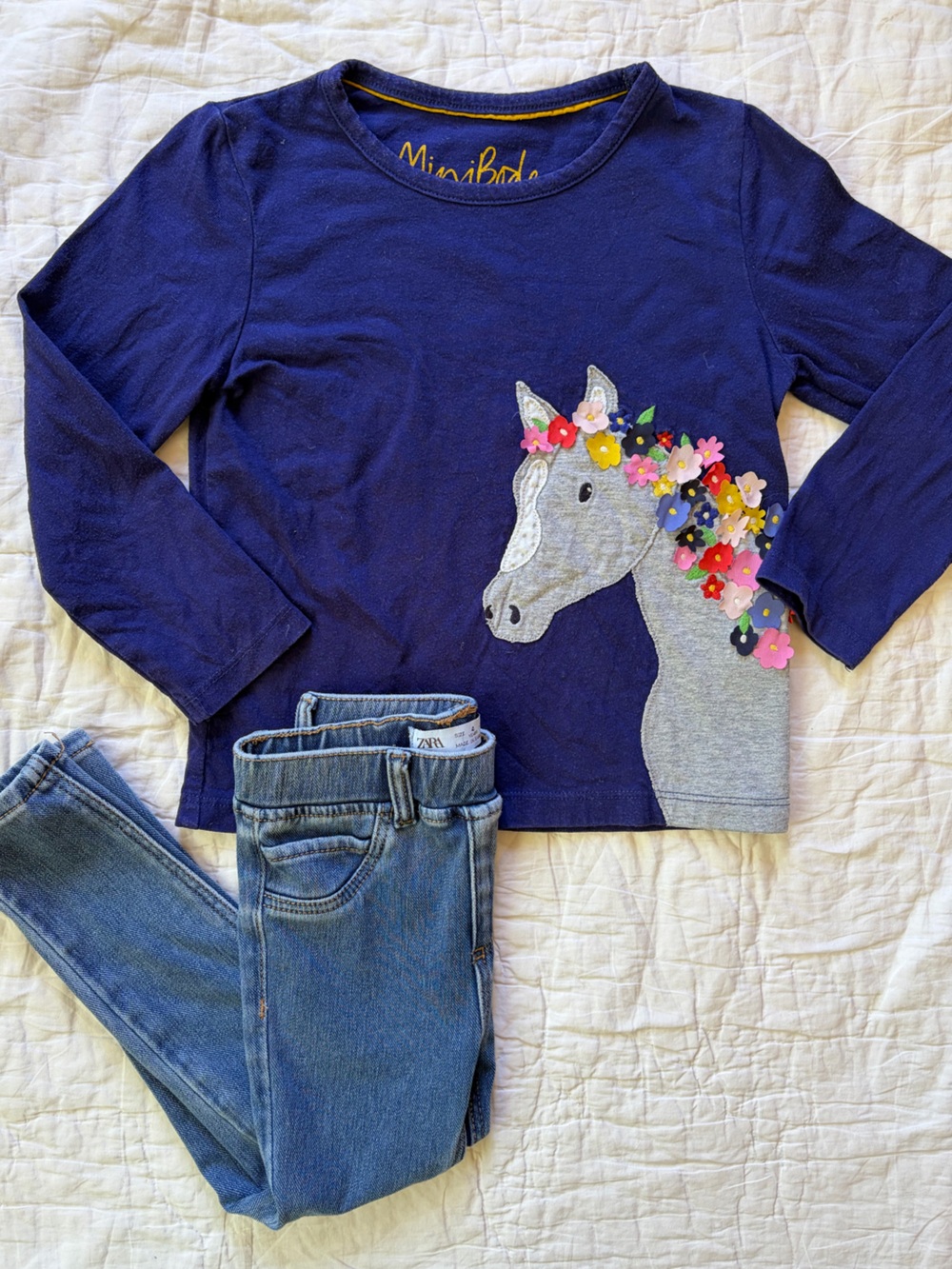 Girls Navy Floral Horse Appliqué Long-Sleeve Tee and Denim leggings